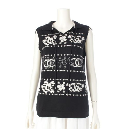 シャネル カシミヤ コットン ココマーク クローバー フーデット ニット ベスト パーカー トップス P68148 ブラック×ホワイト 38