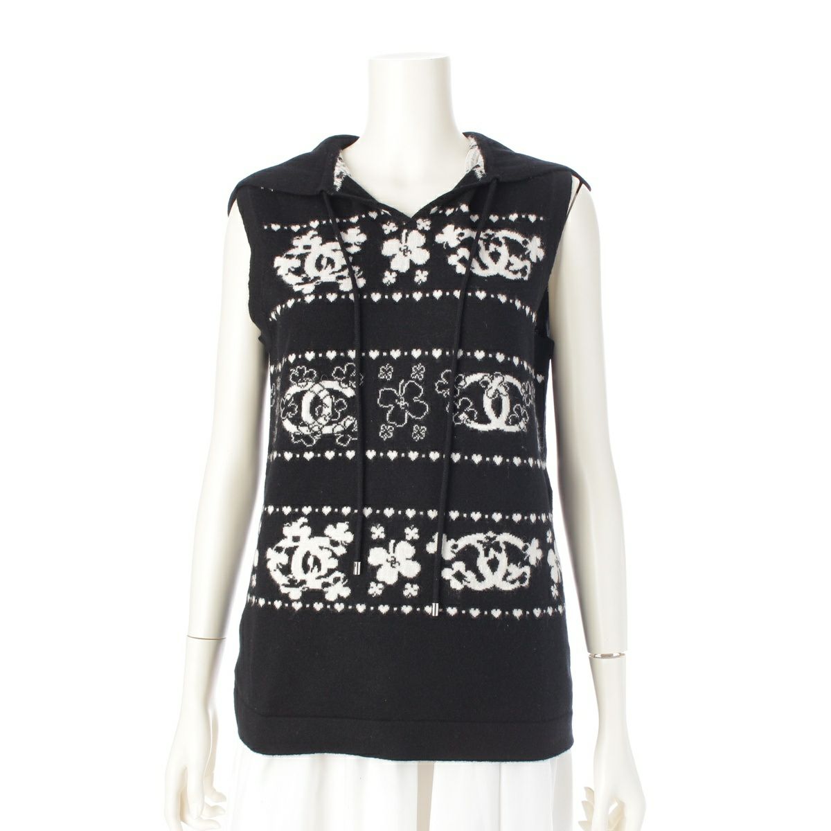 シャネル カシミヤ コットン ココマーク クローバー フーデット ニット ベスト パーカー トップス P68148 ブラック×ホワイト 38