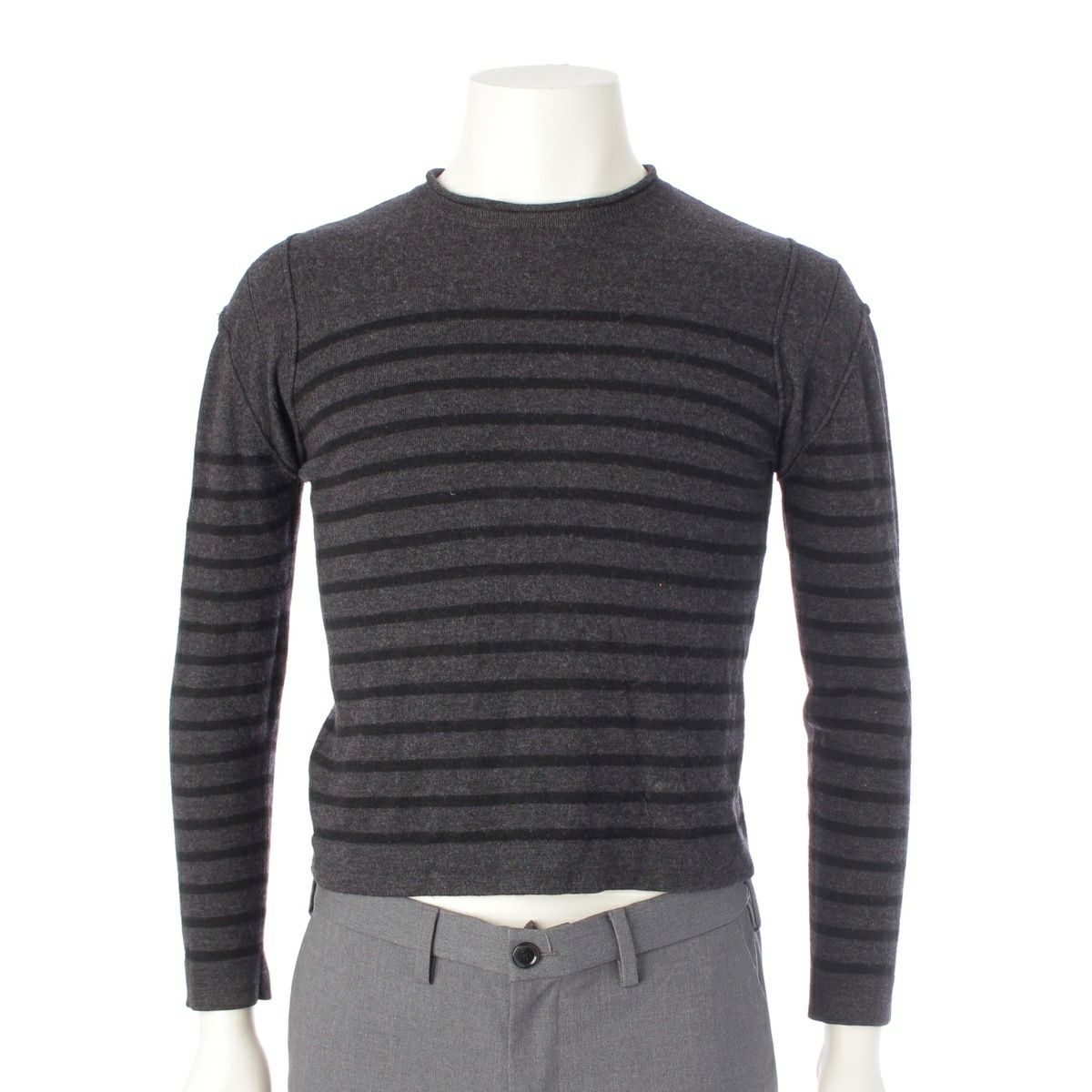 ジャンポール・ゴルチェ homme オム ウール ショルダーデザイン ボーダー ニット セーター 長袖 グレー ブラック 48