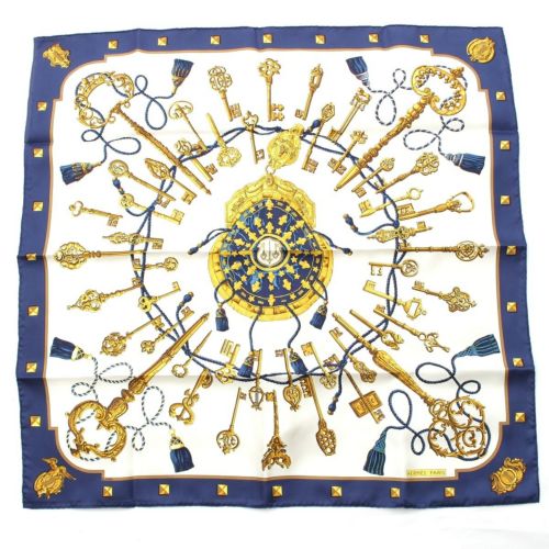 エルメス シルク カレ90 LES CLES 鍵 スカーフ ブルー