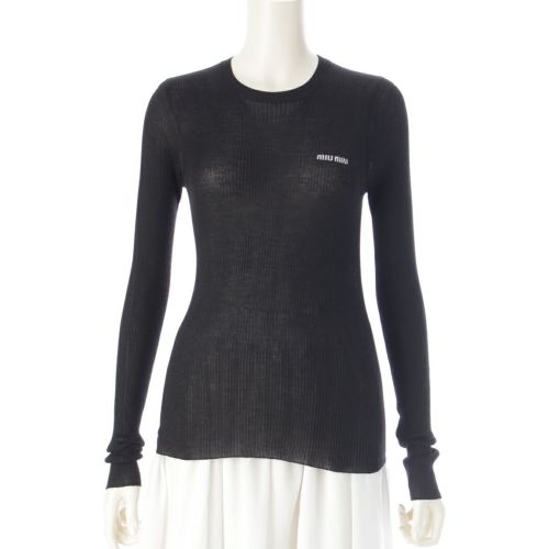 ミュウミュウ 24-25AW カシミヤ シルク 刺繍ロゴ リブ フィット セーター 長袖 トップス MML821 ブラック 40