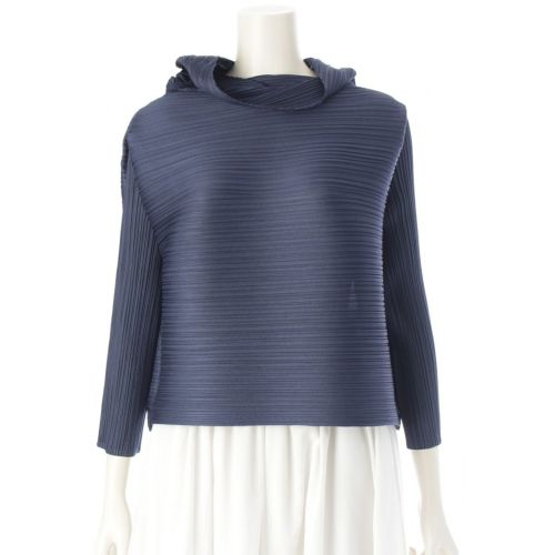 プリーツプリーズ イッセイミヤケ 23AW WONDER TOP 横プリーツ ワイド ボトルネック クロップド トップス PP33JK451 ネイビー 3