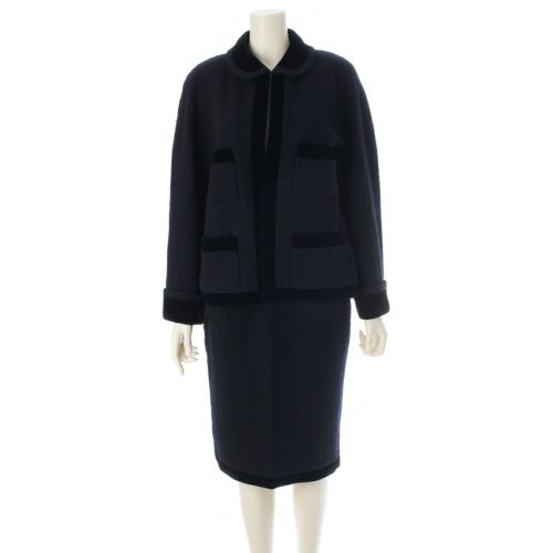 シャネル ウール ツイード ベロア ジャケット スカートセットアップ ネイビー 42