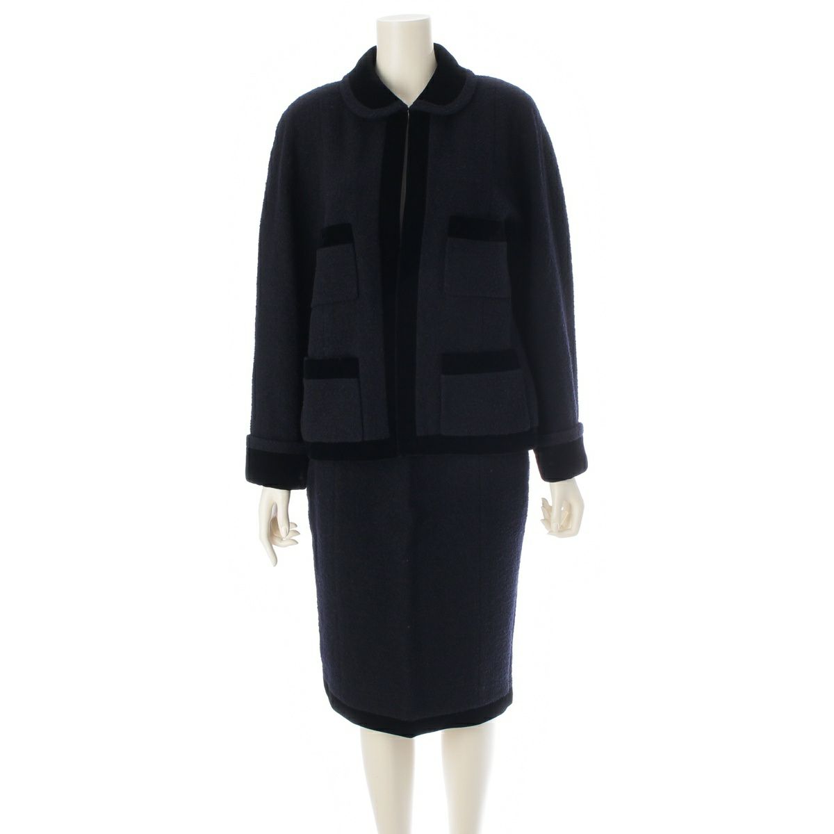 シャネル ウール ツイード ベロア ジャケット スカートセットアップ ネイビー 42