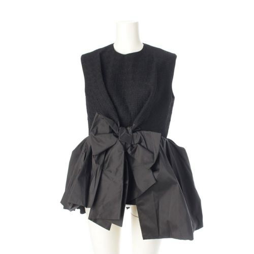 ドゥロワー ウール シルク ツイード タフタ 切替 リボン ノースリーブ ミニ ワンピース ドレス 6521-299-0998 ブラック