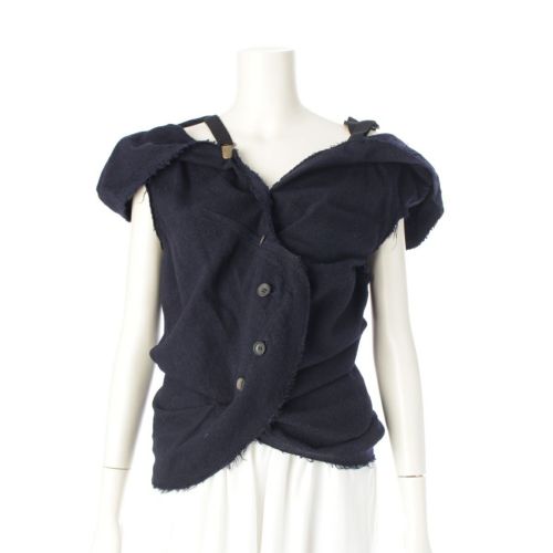 イッセイミヤケ 2004AW ウール コットン ナイロン サスペンダーフレンチスリーブ テーラードジャケット トップス IM43FE501 ネイビー