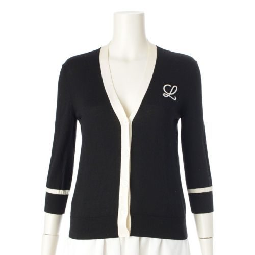 ロエベ ウール アナグラム 刺繍 ニット カーディガン トップス ブラック ホワイト XS