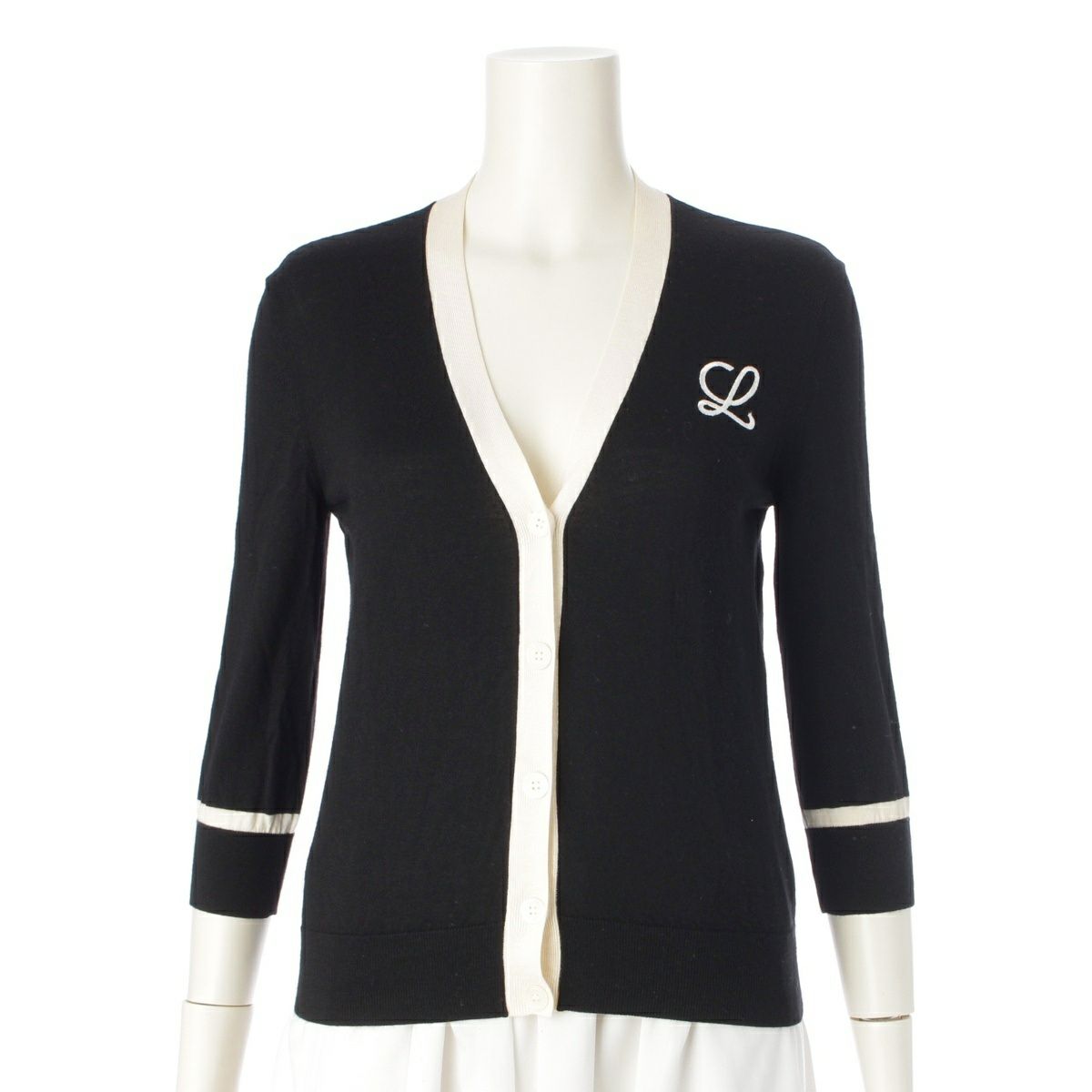 ロエベ ウール アナグラム 刺繍 ニット カーディガン トップス ブラック ホワイト XS