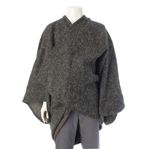 イッセイミヤケ 筆タグ 80s 1983 ウール ドルマンスリーブ シャギー ツイード ポンチョ コート グレー