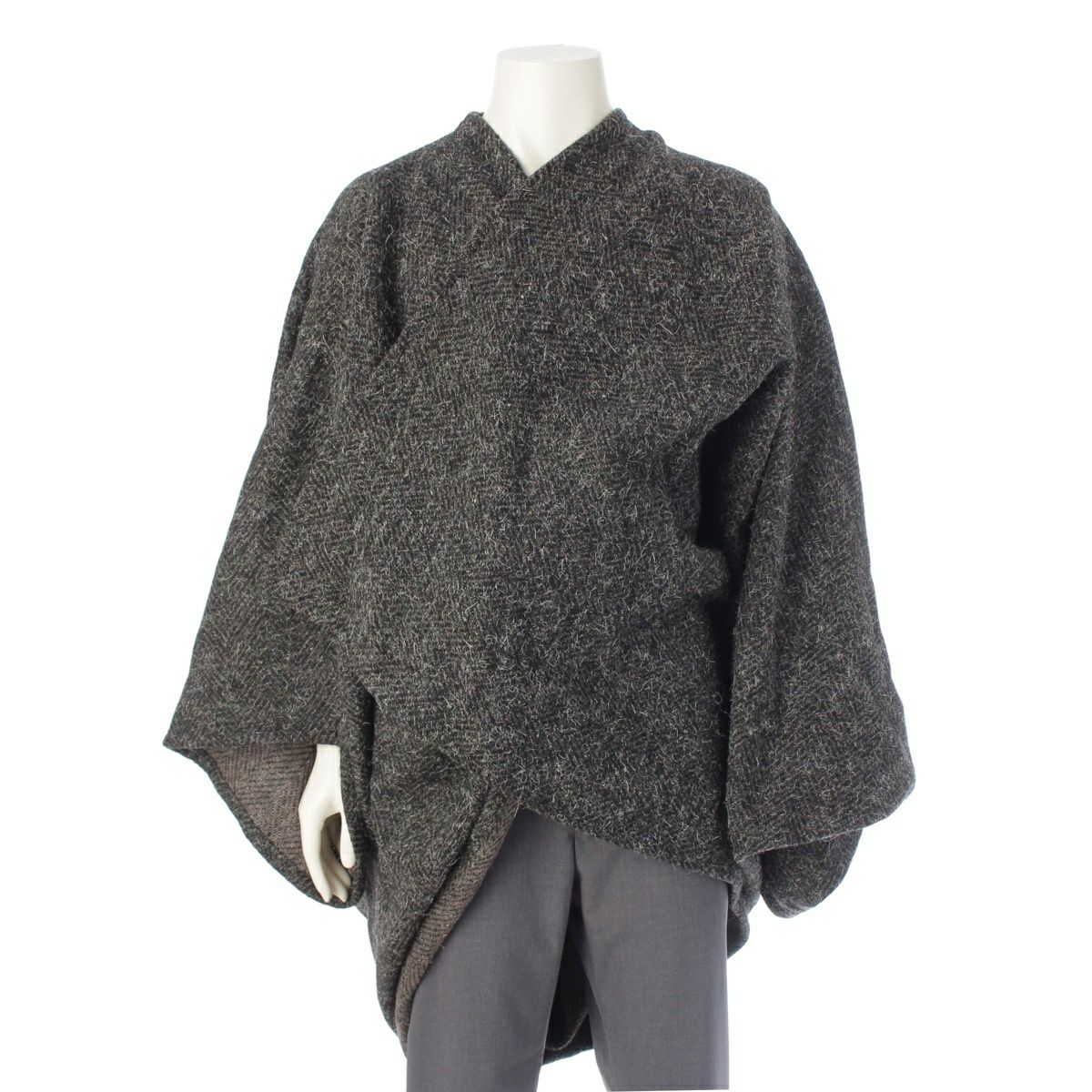 イッセイミヤケ 筆タグ 80s 1983 ウール ドルマンスリーブ シャギー ツイード ポンチョ コート グレー