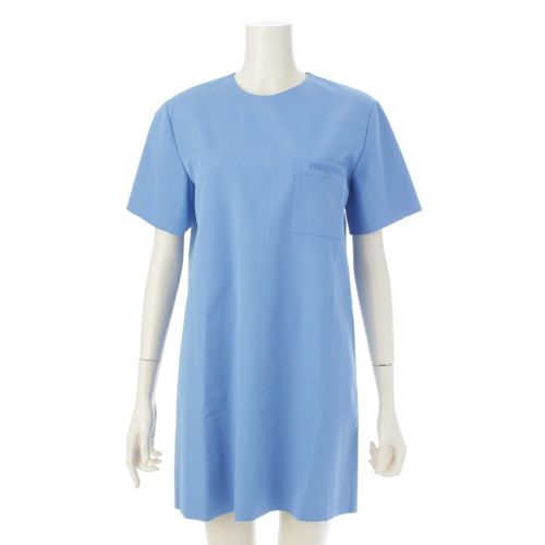 ミュウミュウ 24年 コットン ポプリン カットアウト ジャージ 刺繍ロゴ 半袖 ワンピース ドレス MF5592 ブルー 38