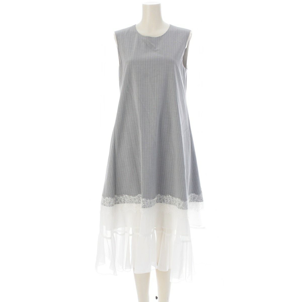 アディアム 24FW Jill Dress レース切替 ストライプ ノースリーブ ワンピース ドレス グレー ホワイト S