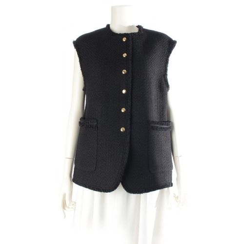 ドゥロワー ウール ツイード 金ボタン ジレ ベスト アウター 6522-299-0823 ブラック 36