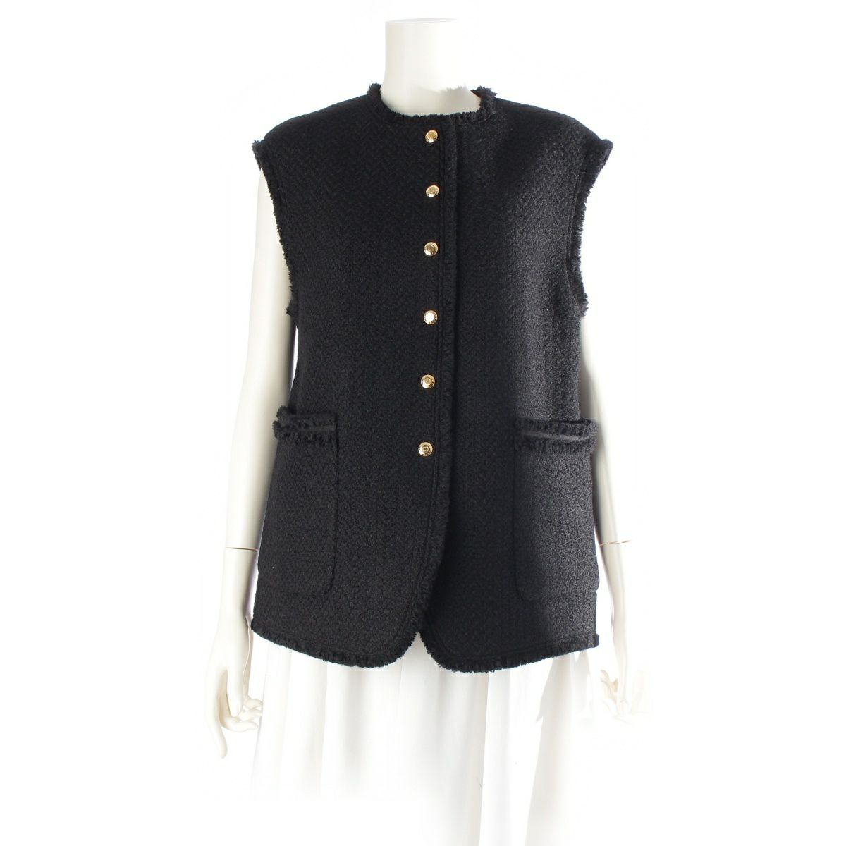 ドゥロワー ウール ツイード 金ボタン ジレ ベスト アウター 6522-299-0823 ブラック 36