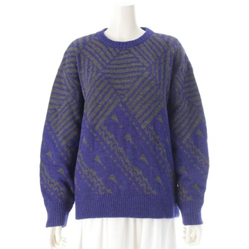 イッセイミヤケ 70s-80s ウール オールスタイル 総柄クルーネック ニット セーター ブルー