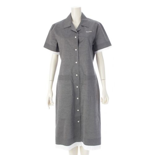 ミュウミュウ 24-25SS リサイクルシルク コットン ポプリン ロゴ 半袖 ニット ポロシャツ ワンピース ドレス MF5553 グレー 42