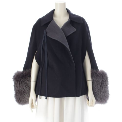 ドゥロワー 22A/W ウールケヌキ フォックスファースリーブ ショートコート ジャケット 6522-234-0733 ネイビー 36