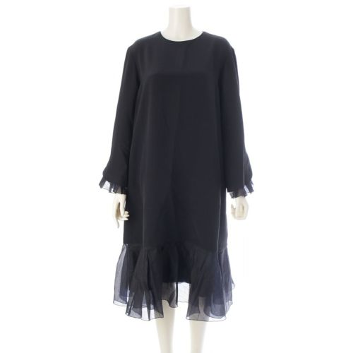 ドゥロワー シルク フリル レイヤード 長袖 ロング ワンピース ドレス 6526-299-1492 ブラック 36