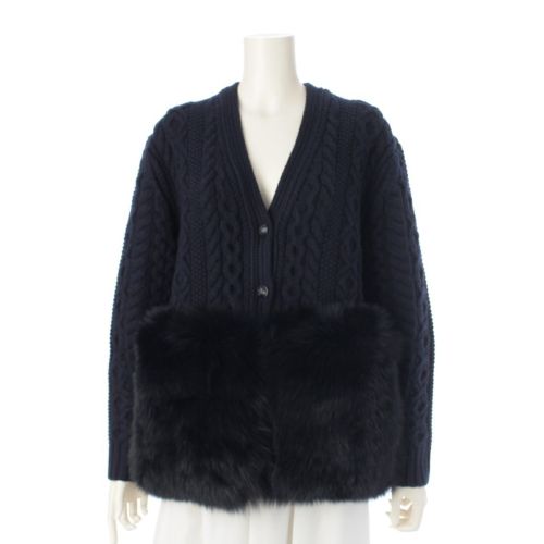 ドゥロワー 2024 FALL1 ウール カシミヤ混 フォックスファー アランニット カーディガン 長袖 トップス 6515-199-0632 ネイビー F