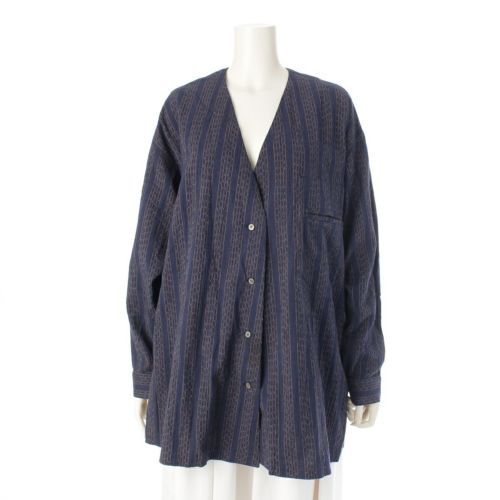 イッセイミヤケ 筆タグ 80s 1984年 両玉縁ポケット ノーカラー 絣 KASURI ストライプ 長袖シャツ ジャケット ネイビー M