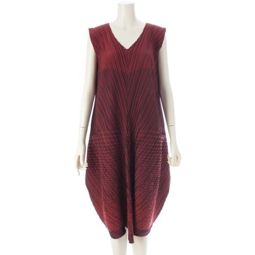 イッセイミヤケ 18AW ナイロン アクリル混 変形プリーツ ワンピース IM84FH619 ワインレッド 2