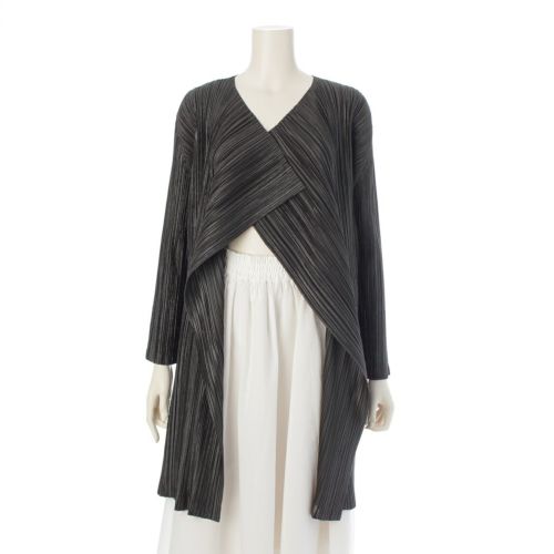 プリーツプリーズ イッセイミヤケ ノーカラー シャイニー ロング カーディガン PP33-JA201 モスグリーン 3