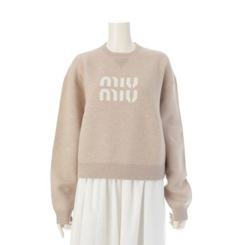 ミュウミュウ 24AW カシミヤ ロゴ ニット セーター フロントV 長袖 MMLA36 サンドベージュ 38