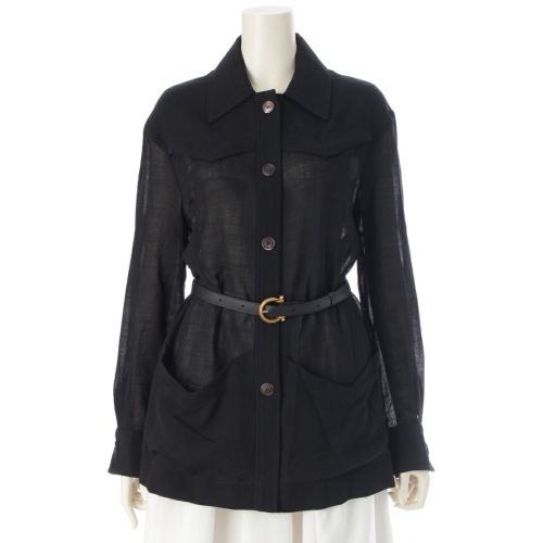 サルヴァトーレフェラガモ ガンチーニ ベルト付き ロングスリーブ シャツ ジャケット アウター ブラック