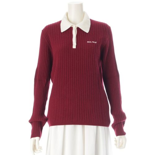 ミュウミュウ 25SS カシミヤ 刺繍ロゴ 長袖 リブニット ポロシャツ セーター トップス MMLA35 バーガンディ オフホワイト 36