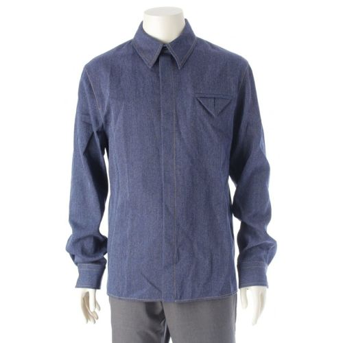 ボッテガヴェネタ 24年 ウール ツイル デニム 比翼 長袖シャツ トップス 703578 インディゴ 46