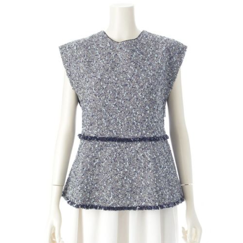 ドゥロワー コットン ナイロン ツイード ノースリーブ サイドジップ オープンネック ブラウス 6521-299-1192 ブルー 36