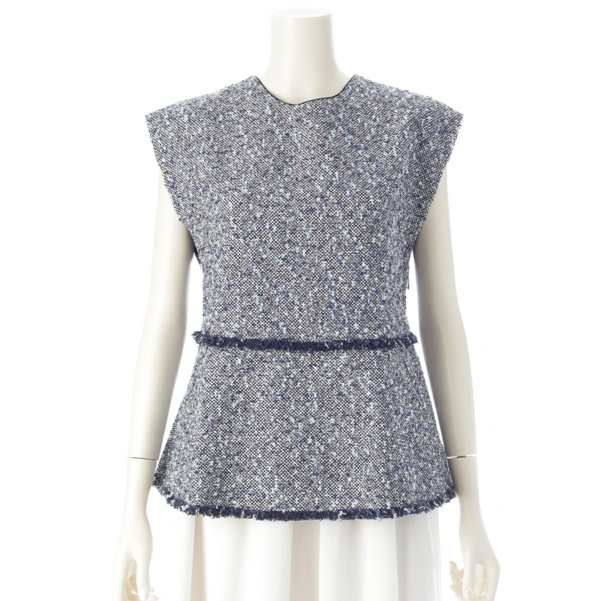 ドゥロワー コットン ナイロン ツイード ノースリーブ サイドジップ オープンネック ブラウス 6521-299-1192 ブルー 36