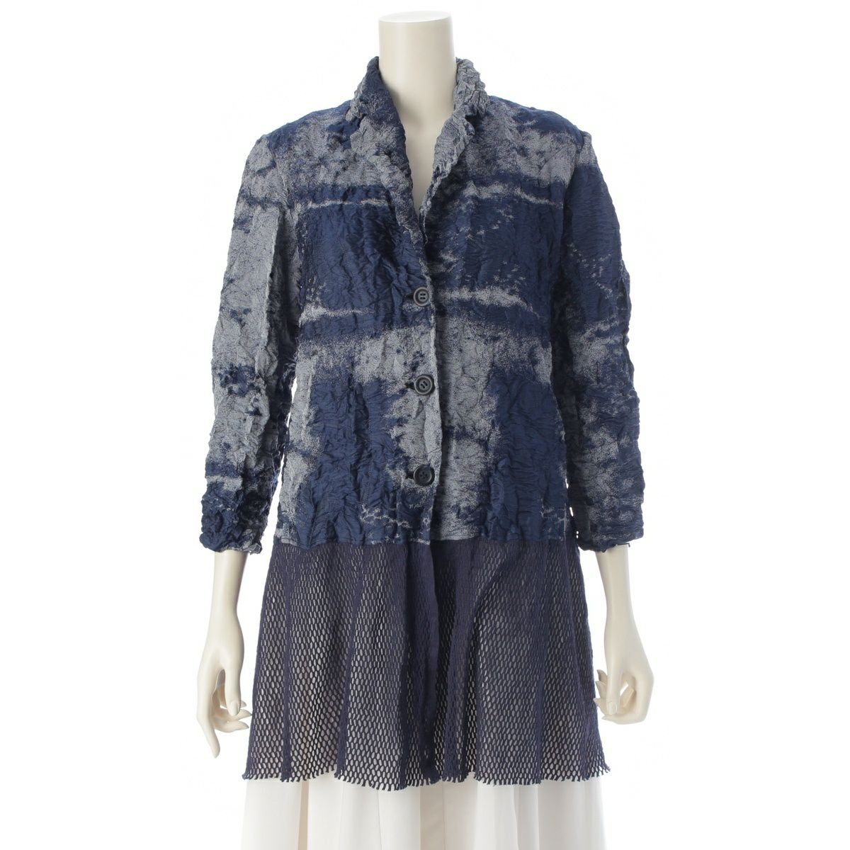 イッセイミヤケ メッシュ切替 コットン ナイロン シワ加工 変形 テーラードジャケット トップス IM21FD103 ネイビー 2