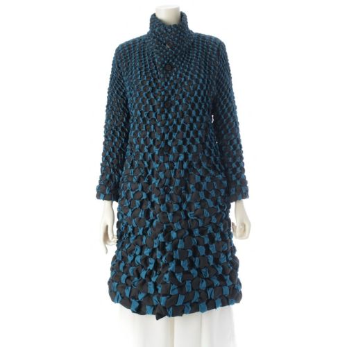 イッセイミヤケ 16AW 3D スチーム プリーツ フリル リボンデザイン スタンドカラーコート ジャケット IM63FA002 ブラック ターコイズ 2