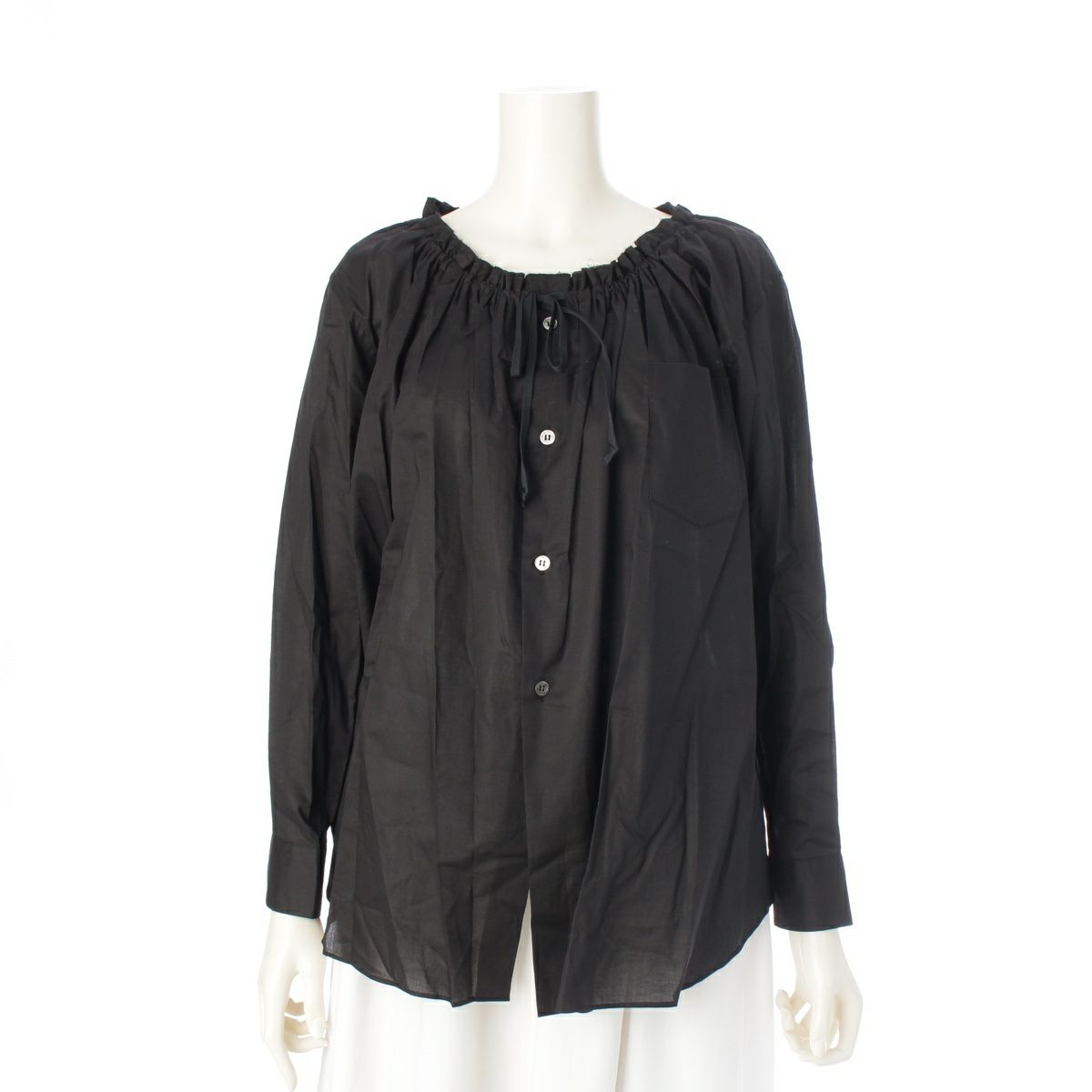 コムデギャルソン AD2016 コットン ノーカラー フリル リボン デザイン 長袖 ブラウス シャツ トップス GR-B023 ブラック XS