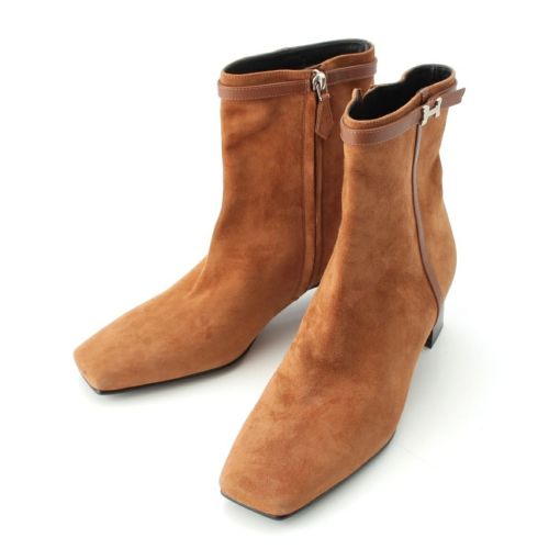 エルメス オマージュ スウェード Hバックル スクエアトゥ ショート ブーツ シューズ ブラウン 37 1/2