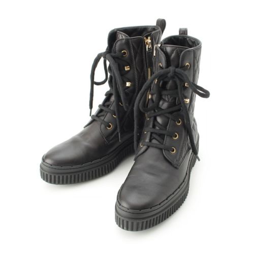 トッズ レザー キルティング サイドジップ レースアップ ショート ブーツ シューズ ブラック 36