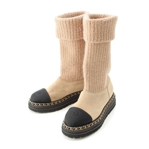 シャネル スエード アンクルブーツ ニット 切替 ココマーク チェーン ブーツ G39468 ベージュ ブラック 36 1/2