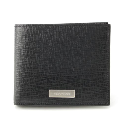 サルヴァトーレフェラガモ レザー ロゴ ウォレット 二つ折り財布 66-1220 ブラック