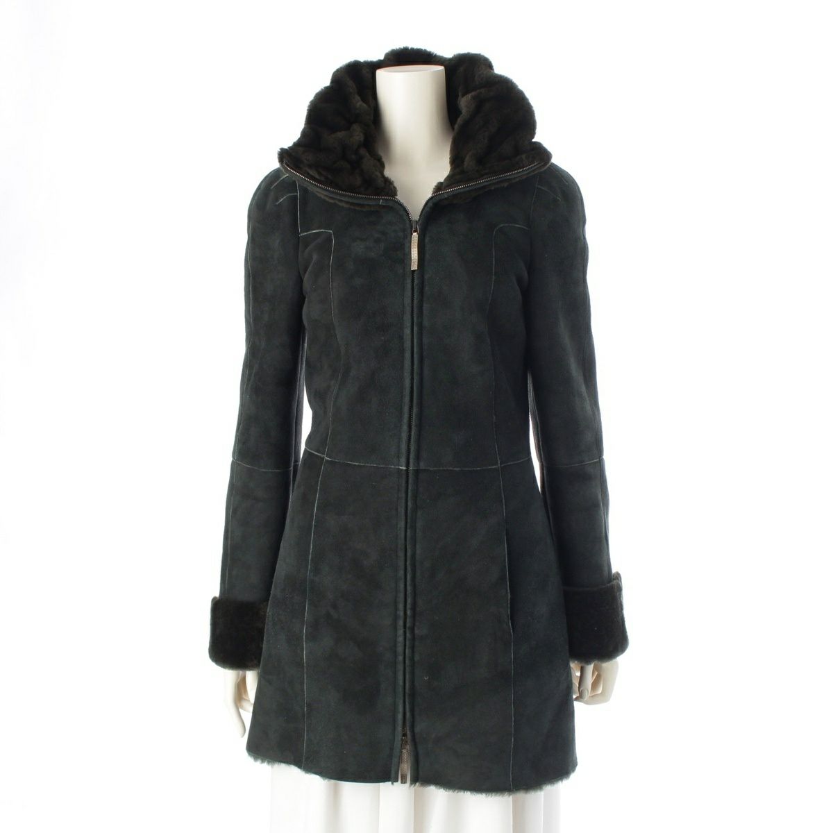 サルヴァトーレフェラガモ スウェード ファー ジップアップ コート アウター モスグリーン 38