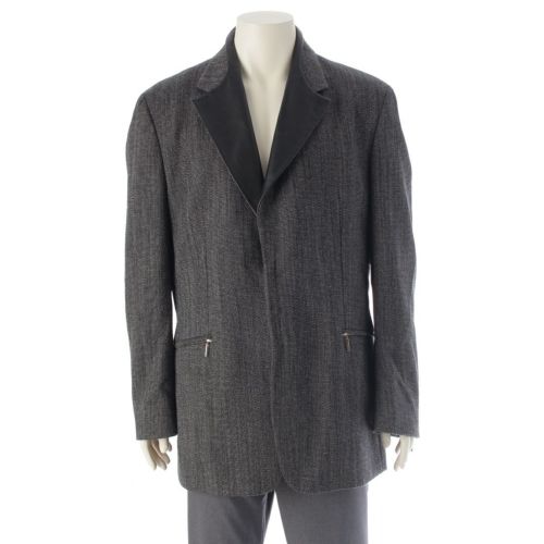 ジャンニ・ヴェルサーチェ ウール 襟レザー ジップアップ テーラードジャケット アウター ブラック 56