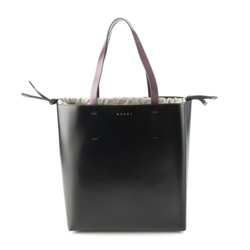 マルニ ミュゼオ スモール レザー ロゴ箔押し トート ハンドバッグ ブラック