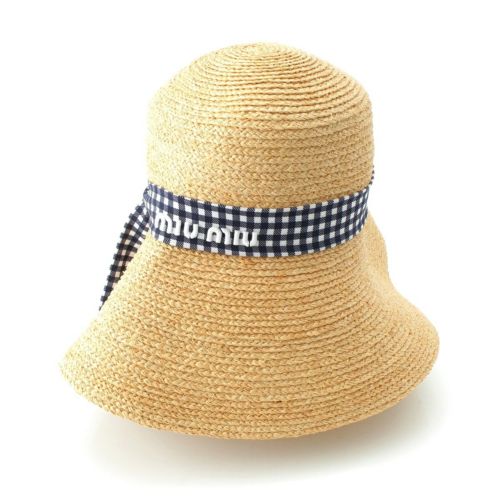 ミュウミュウ 22年 ラフィア ロゴ チェックリボン ハット 麦わら帽子 5HC245 ベージュ M