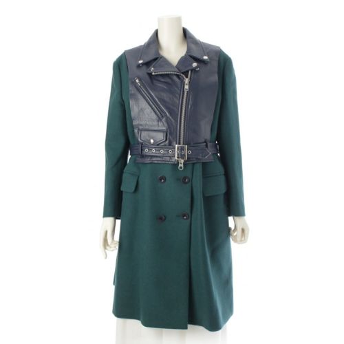 サカイ レザー ウール カシミヤ Cowhide Biker Detail Coat ライダースドッキング コート アウター 13-01843 ブルー×グリーン 2