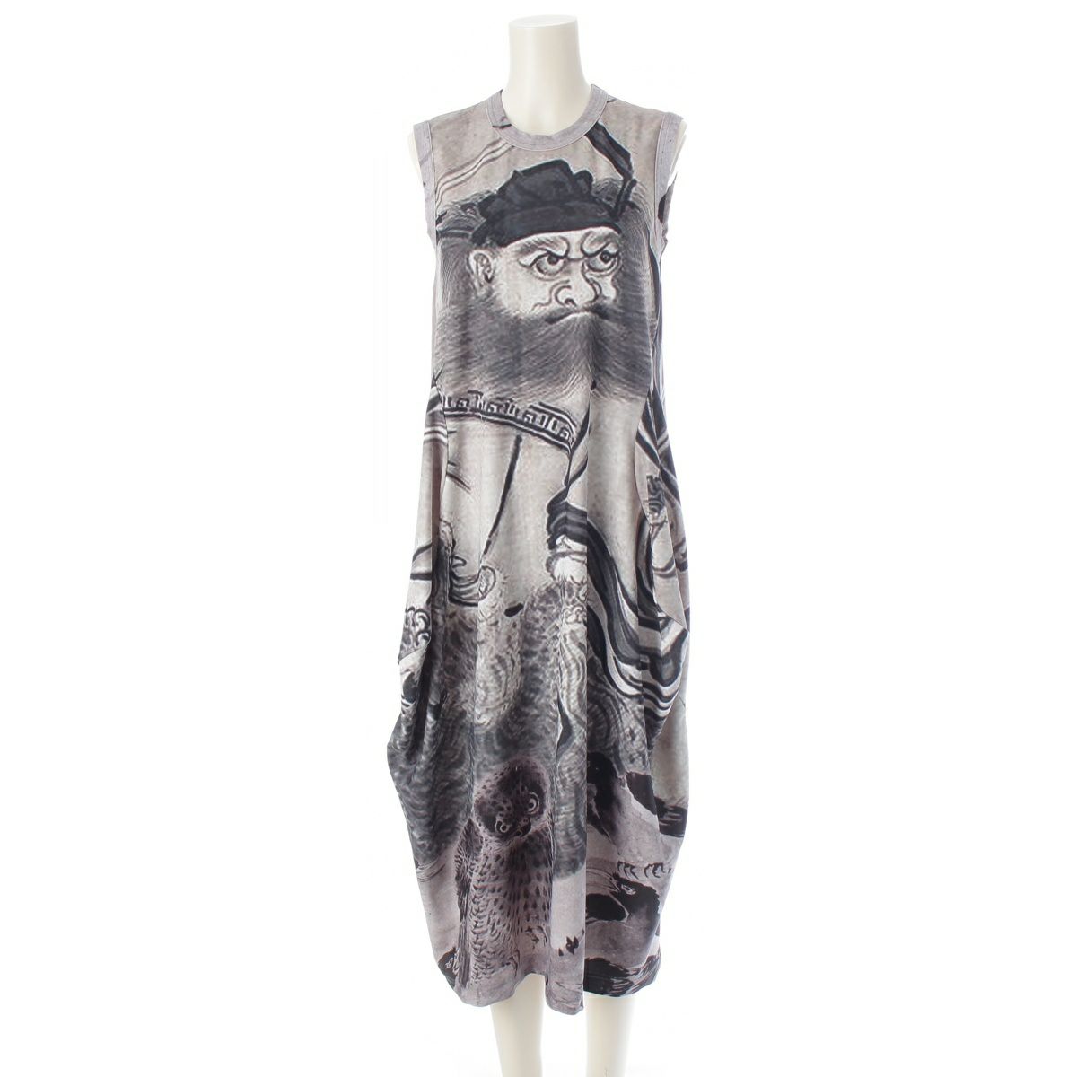 コムデギャルソン AD2017 18SS 雪村周継 グラフィック 変型 総柄 ノースリーブ ワンピース ドレス モノクロ グレー系 XS
