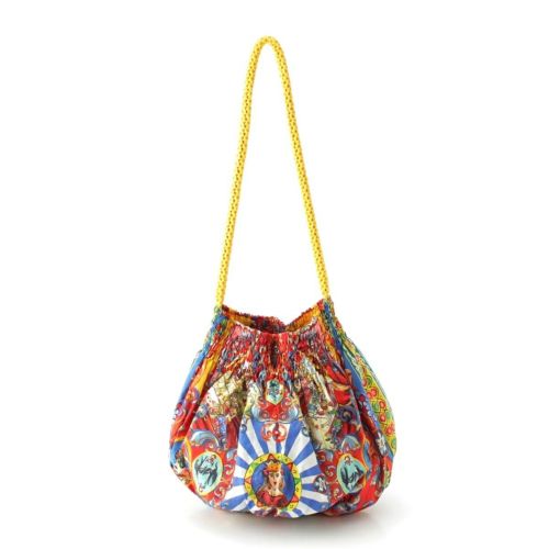 ドルチェアンドガッバーナ コットン 巾着 総柄 シチリア ショルダーバッグ レッド マルチカラー