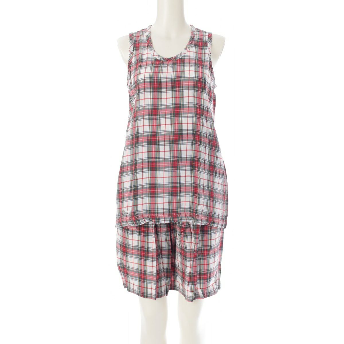 ローブドシャンブルコムデギャルソン 80s レーヨン タータンチェック ノースリーブトップス パンツセットアップ レッド