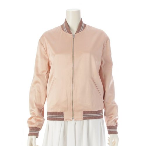 サンローラン 2016 サテン スパンコール装飾 ラメリブ スタジャン ブルゾン アウター 458894 ピンクベージュ 38