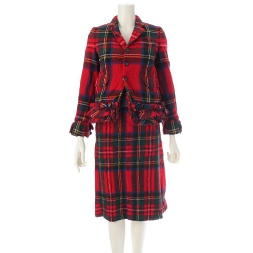 コムデギャルソン AD2000 縮絨 ウール タータンチェック フリルデザイン 変形 ジャケット スカートセットアップ GS-04010S レッド S