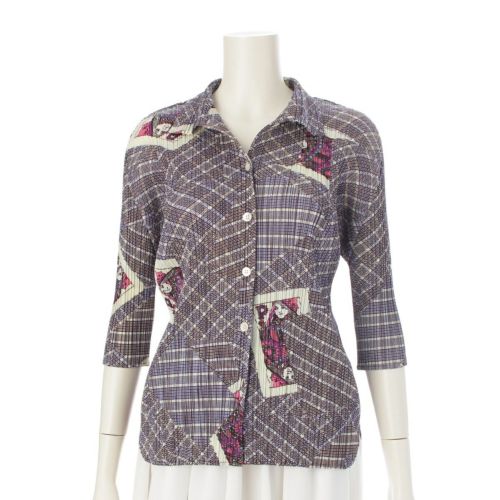 プリーツプリーズ イッセイミヤケ トランプ柄 七分袖 ブラウス シャツ トップス PP73-JJ793 ブルー系 マルチカラー 4